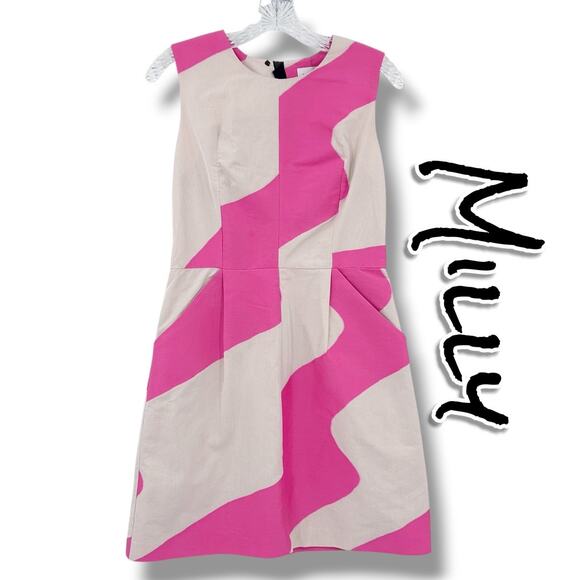 Milly Hot Pink Sand Wave Print Sleeveless Cotton Shift Dress Womens Size 6 - Picture 1 of 12